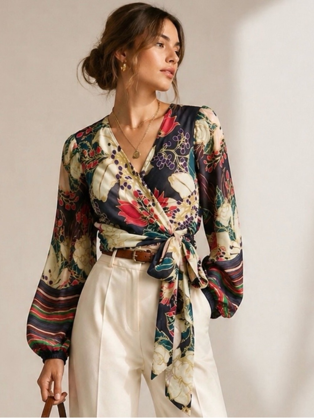 Anthropologie Bl-nk Palmizana Wrap Blouse Small Floral Tie Waist Balloon Sleeve